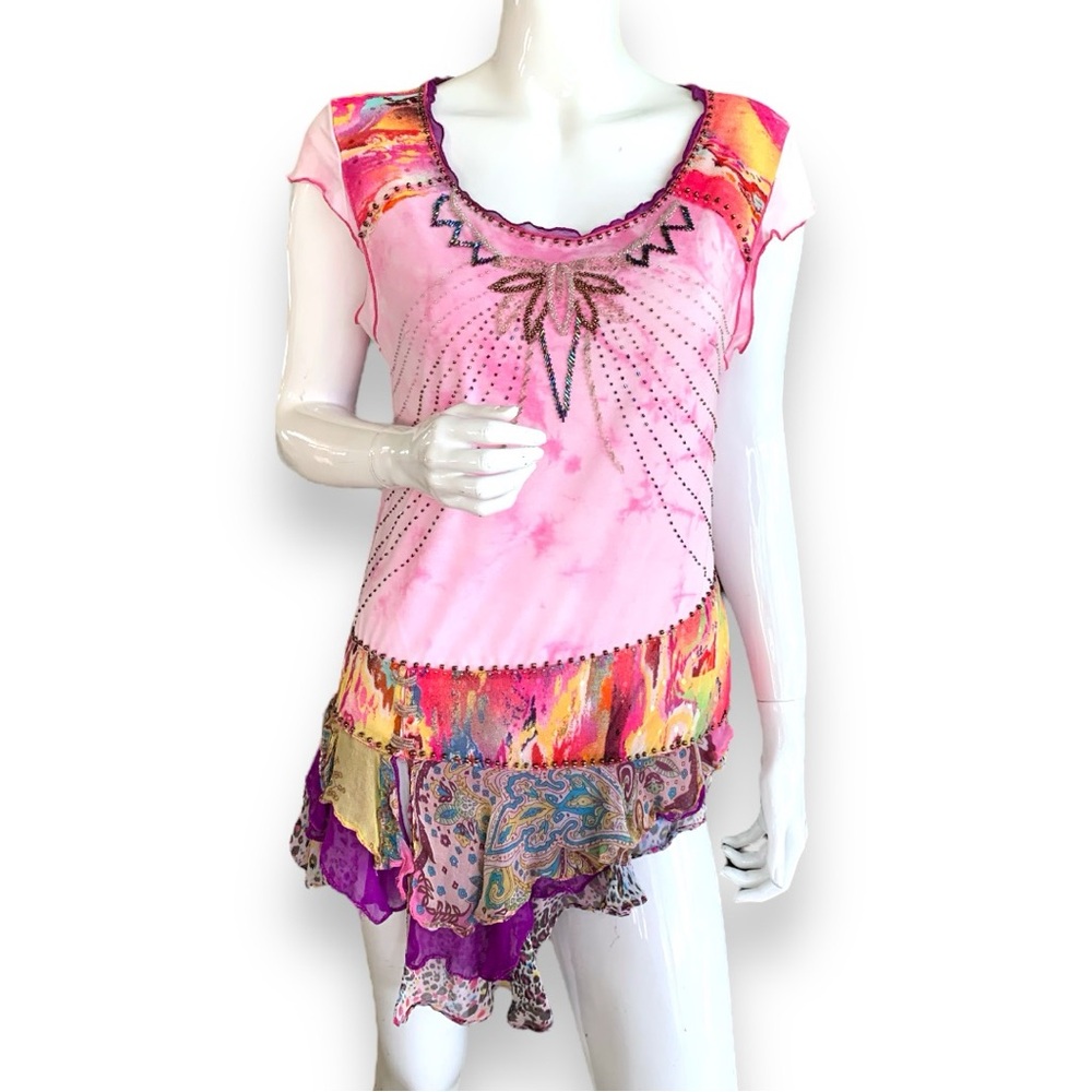 SEANDARA EMBELLISHED BEADED RUFFLED PINK PURPLE SHORT SLEEVE TOP. WOMEN’S SIZE M